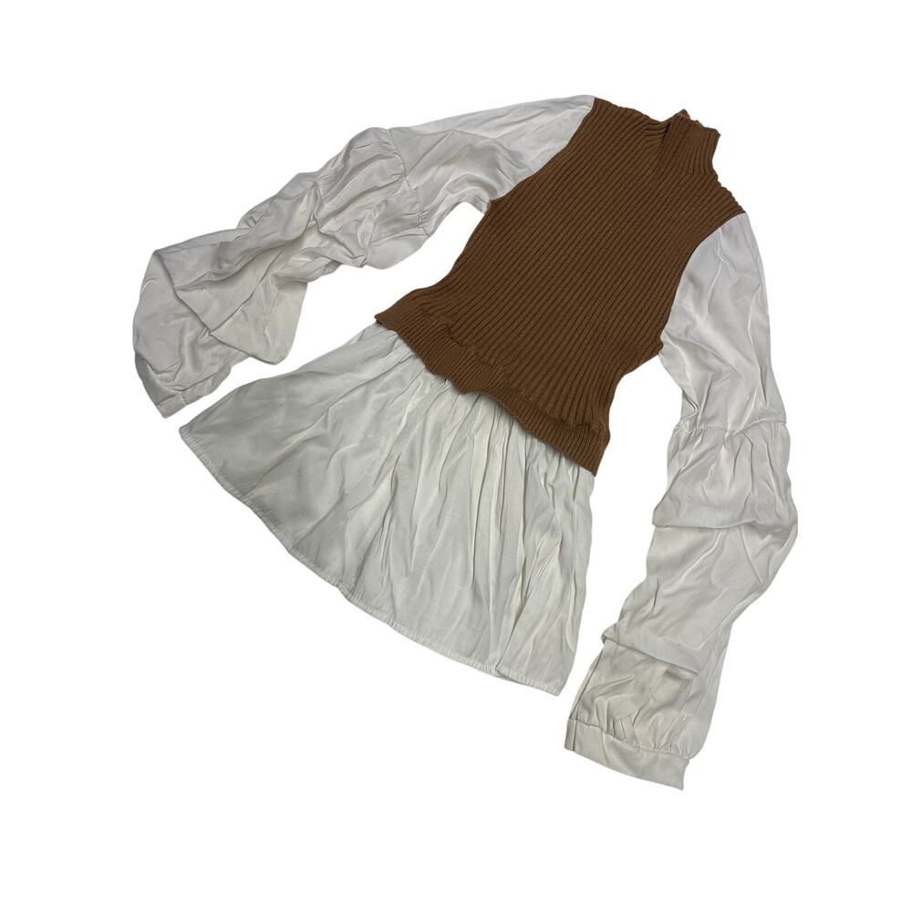 Fifth Shirt White Long Sleeve Brown Sweater Ruffle Sleeve Medium